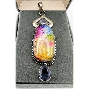 Vintage Sterling Silver Artisan Rainbow Solar Quartz Pendant